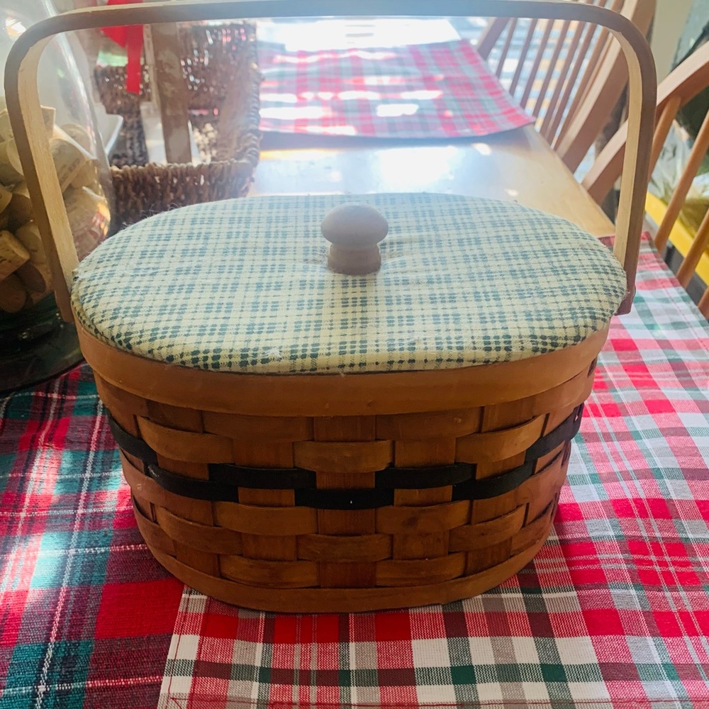 Woven Basket with Blue Checkered Lid